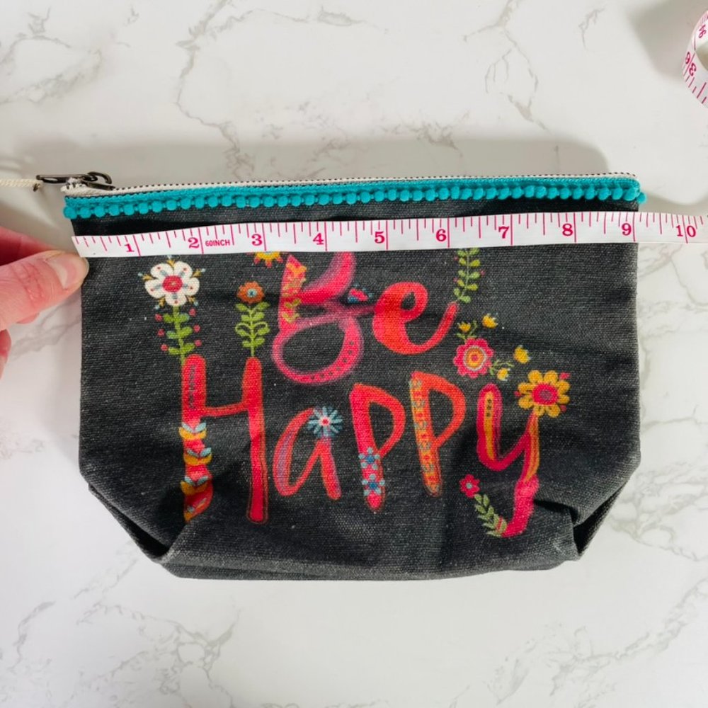 Natural Life Boho 'Be Happy' Pom Pom Floral Canvas Zipper Cosmetic Pouch Bag - Picture 5 of 6